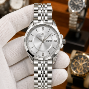 BESTWIN Silver Stainless Steel Men’s Watch with Day & Date Display