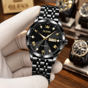 OLEVS Men’s Black Quartz Watch with Black Metal Bracelet, Gold Accents & Day-Date Display