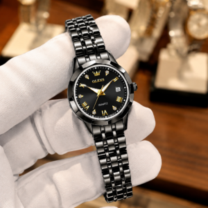 OLEVS Women’s Black Quartz Watch with Black Metal Bracelet, Gold Accents & Date Display