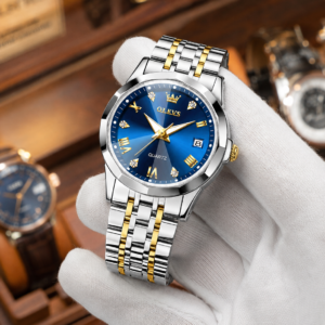 OLEVS Women’s Blue Dial Quartz Watch with Two-Tone Silver & Gold Bracelet and Date Display