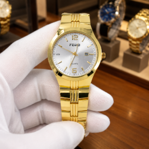 FEIWO Women’s Gold Quartz Watch with Silver Dial, Date Display & Metal Bracelet