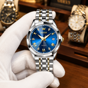 OLEVS Men’s Blue Dial Quartz Watch with Two-Tone Silver & Gold Bracelet and Date Display