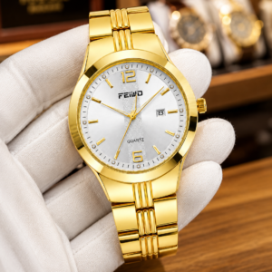 FEIWO Men’s Gold Quartz Watch with Silver Dial, Date Display & Metal Bracelet